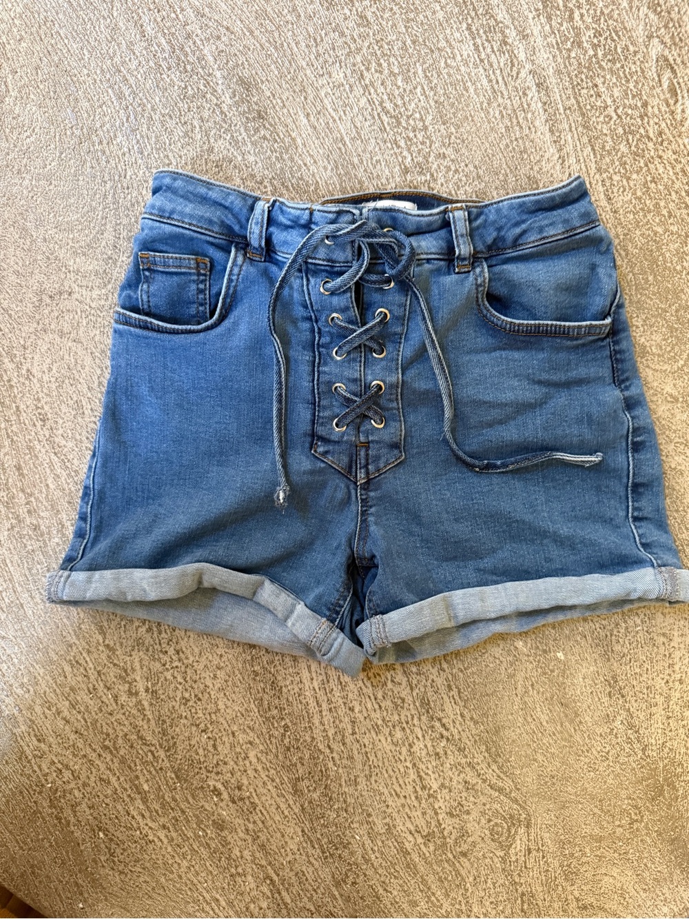 naked wardrobe Lace-Up Rolled Hem Denim Shorts - Blue